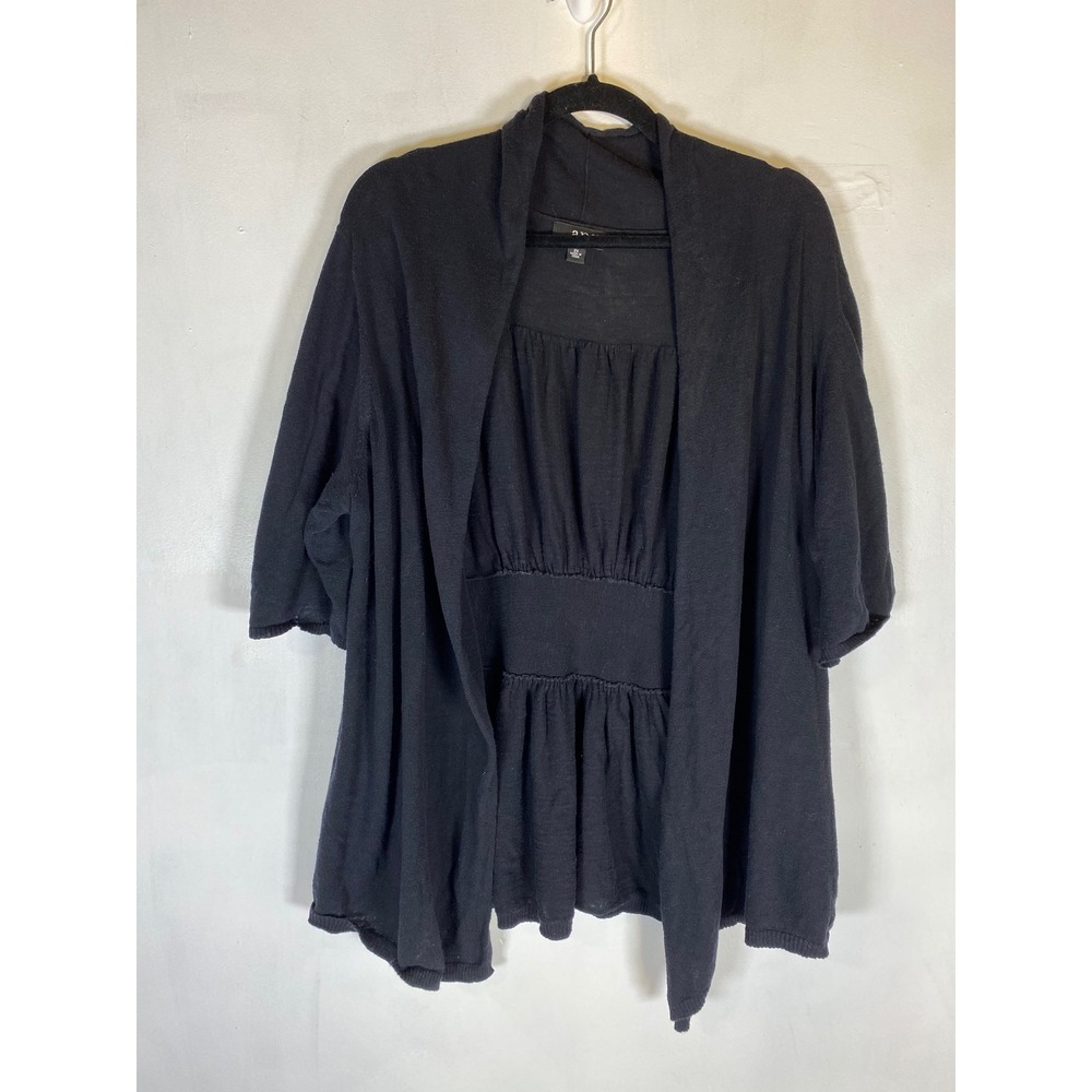 ANA Black Open Front Cardigan 2X Lightweight Ruched Sleeve Peplum Plus Size